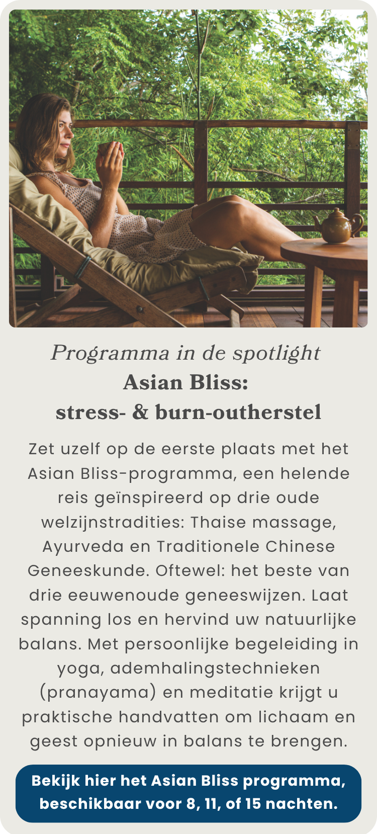 Programma in de spotlight Asian Bliss: Stress- & Burn-outherstel